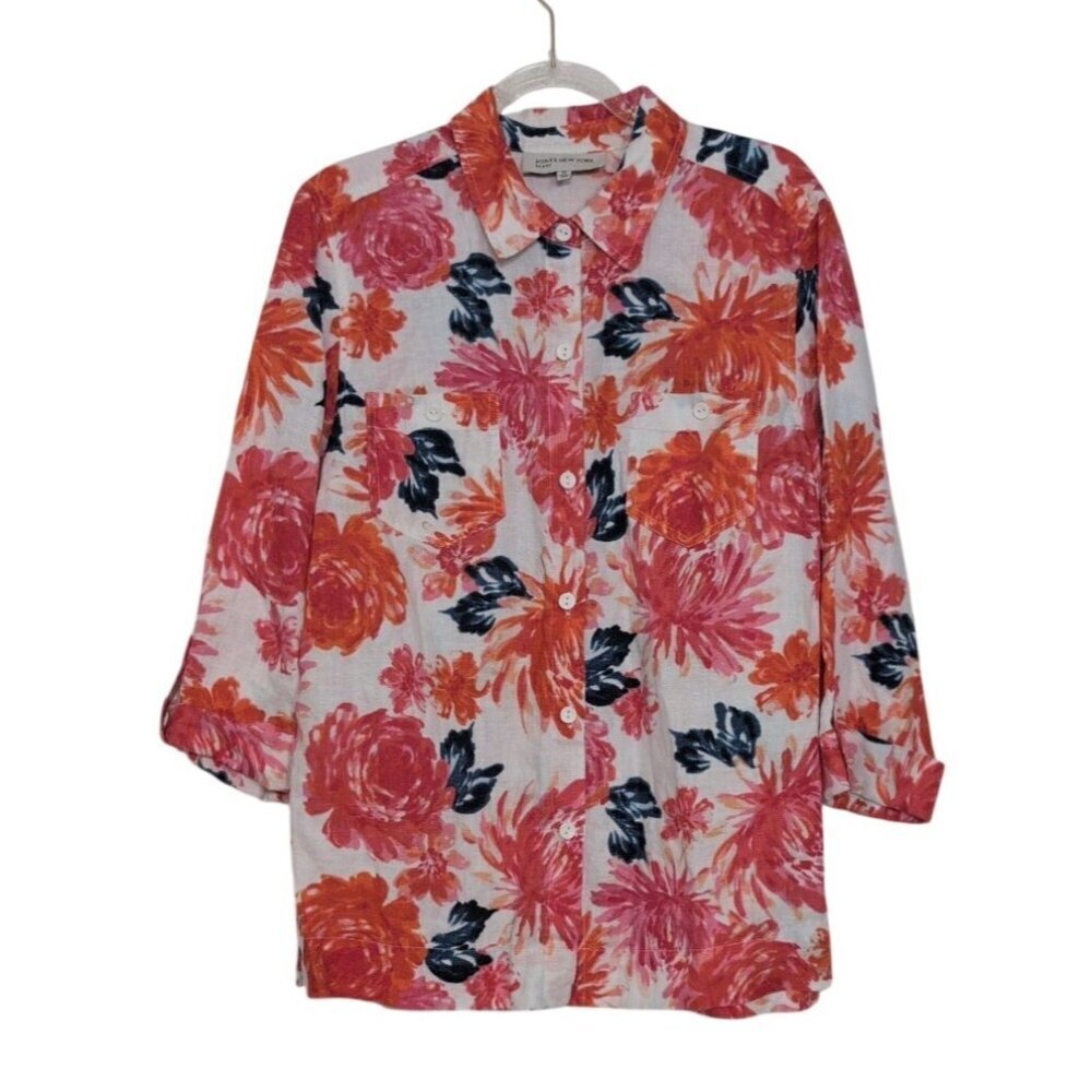 Jones New York 100% Linen Floral Shirt Womens Size Medium Colorful 3/4 Sleeve